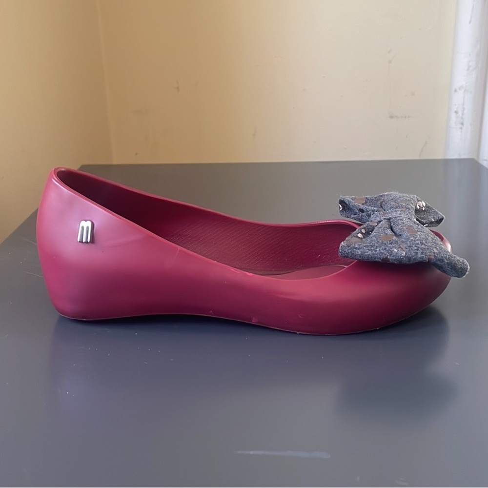 MINI MELISSA Ultragirl Sweet III Burgundy Silver Fabric Bow Shoes $65 VGUC 1